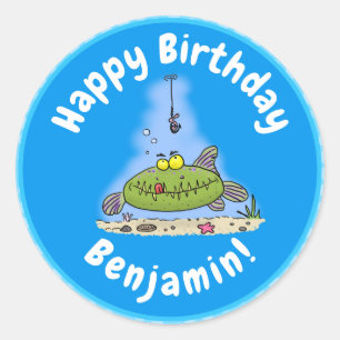 Funny fat hungry green fish fishing cartoon classic round sticker