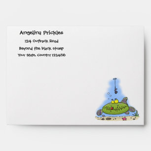 Funny fat hungry green fish fishing cartoon envelope