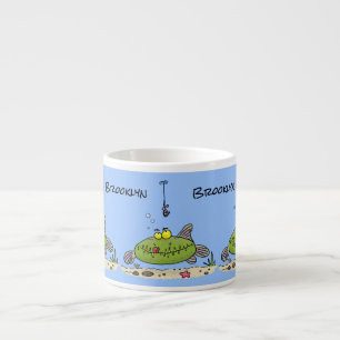 Funny fat hungry green fish fishing cartoon espresso cup