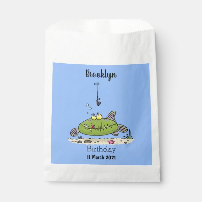 Funny fat hungry green fish fishing cartoon favour bag (Front)