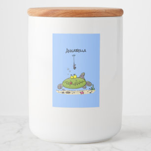 Funny fat hungry green fish fishing cartoon food label