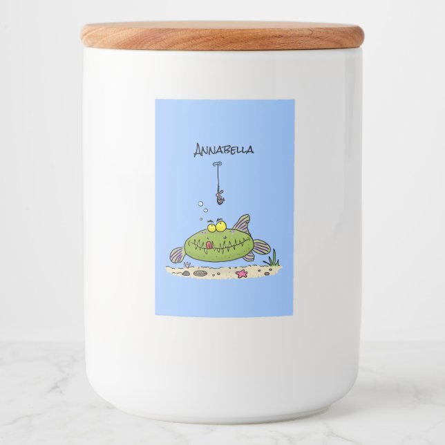 Funny fat hungry green fish fishing cartoon food label (Front)