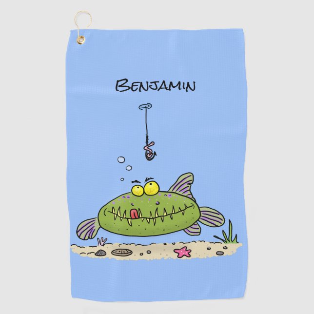 Funny fat hungry green fish fishing cartoon  golf towel (Front)