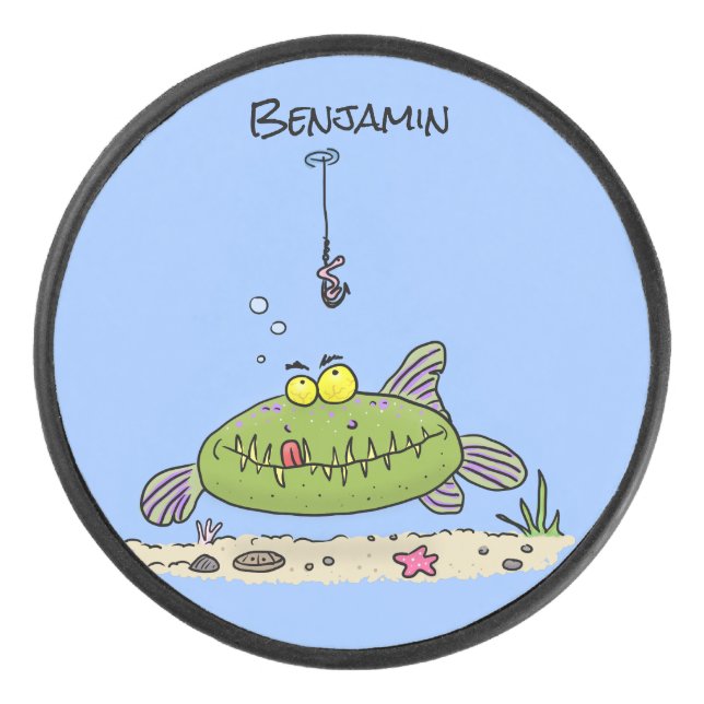 Funny fat hungry green fish fishing cartoon hockey puck (Front)