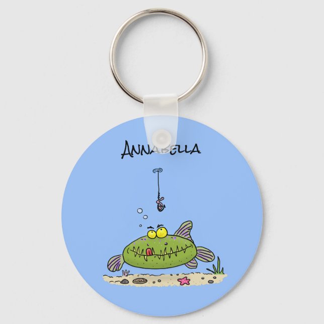 Funny fat hungry green fish fishing cartoon key ring (Front)
