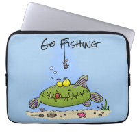 Funny fat hungry green fish fishing cartoon