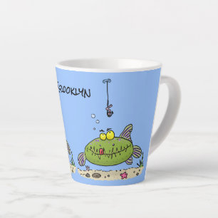 Funny fat hungry green fish fishing cartoon latte mug