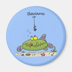 Funny fat hungry green fish fishing cartoon magnet