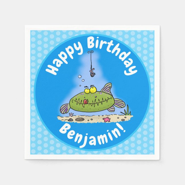 Funny fat hungry green fish fishing cartoon napkin (Front)