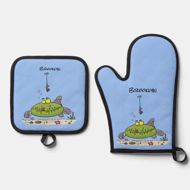 Funny fat hungry green fish fishing cartoon oven mitt & pot holder set (Front)