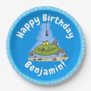 Funny fat hungry green fish fishing cartoon paper plate