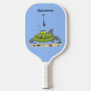 Funny fat hungry green fish fishing cartoon pickleball paddle