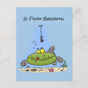 Funny fat hungry green fish fishing cartoon postcard