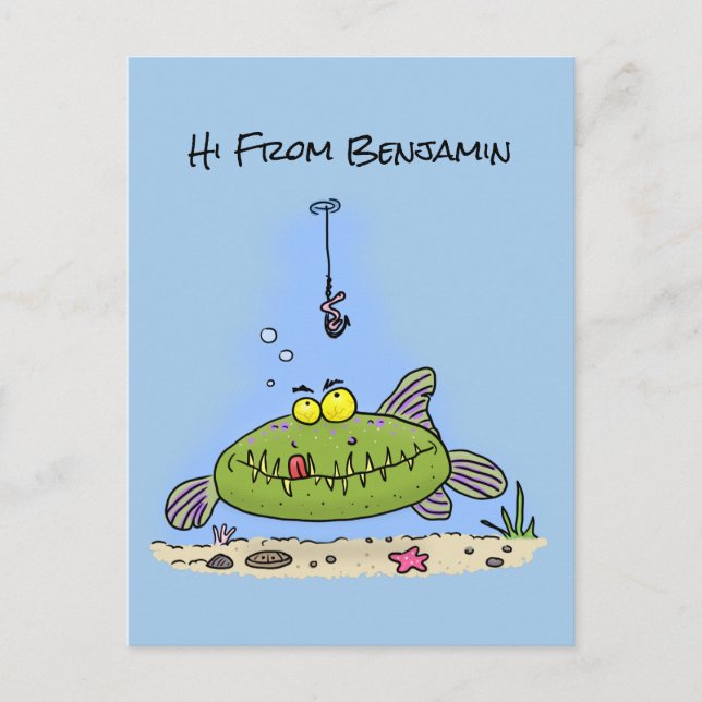 Funny fat hungry green fish fishing cartoon postcard (Front)