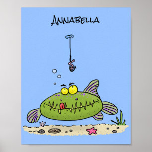 Funny fat hungry green fish fishing cartoon poster