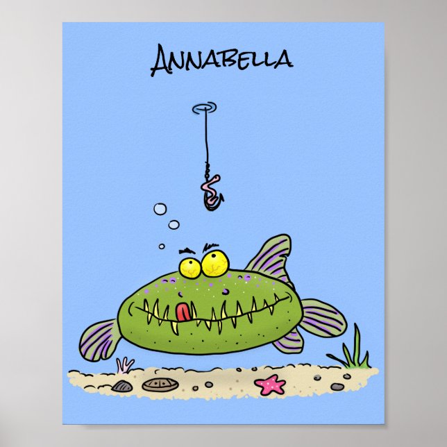 Funny fat hungry green fish fishing cartoon poster (Front)