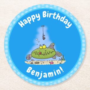 Funny fat hungry green fish fishing cartoon round paper coaster