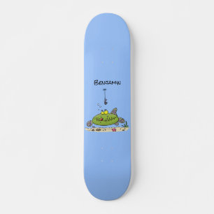 Funny fat hungry green fish fishing cartoon skateboard