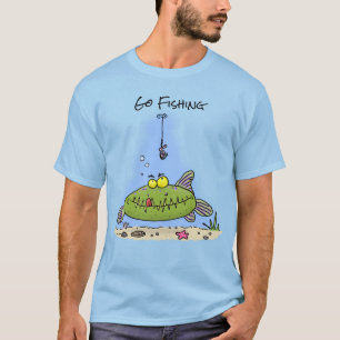 Funny fat hungry green fish fishing cartoon T-Shirt