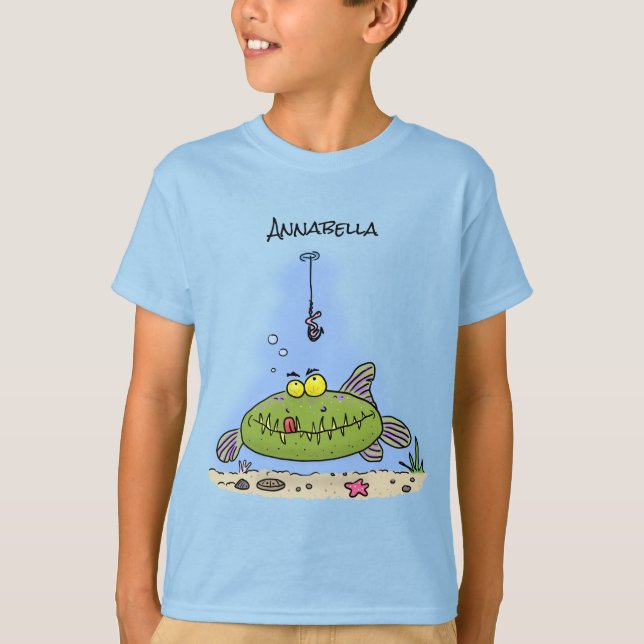 Funny fat hungry green fish fishing cartoon T-Shirt (Front)