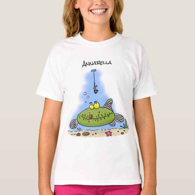 Funny fat hungry green fish fishing cartoon T-Shirt (Front)