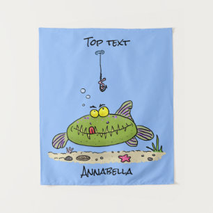 Funny fat hungry green fish fishing cartoon  tapestry