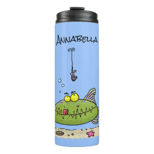 Funny fat hungry green fish fishing cartoon thermal tumbler