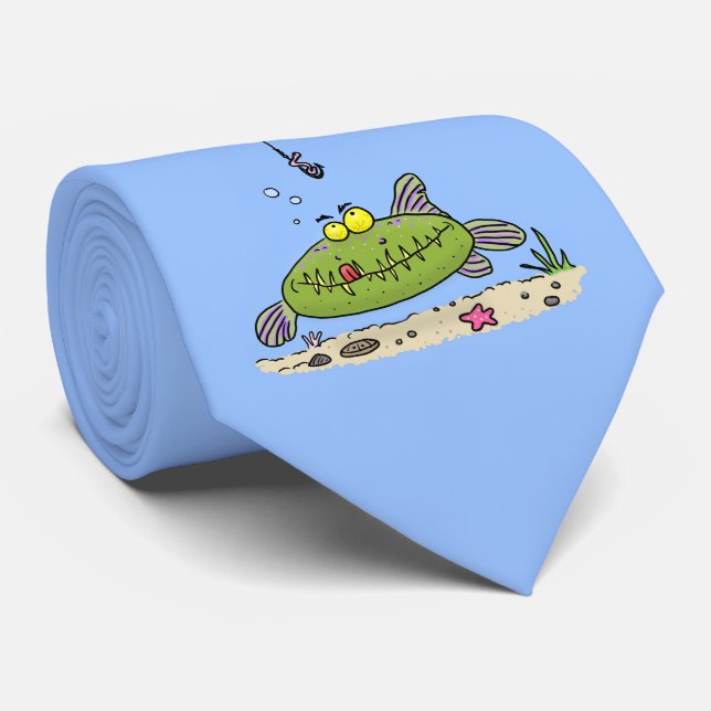 Funny fat hungry green fish fishing cartoon tie (Rolled)