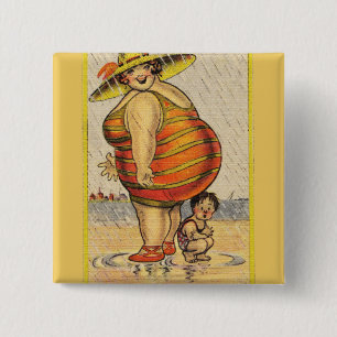 Funny Fat Lady on Beach 15 Cm Square Badge