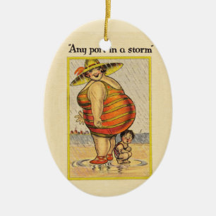 Funny Fat Lady on Beach Ceramic Ornament