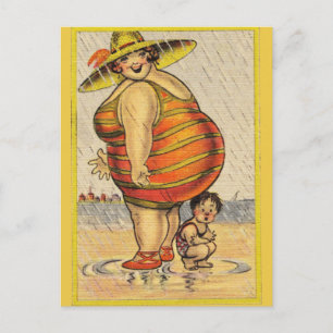 Funny Fat Lady on Beach Postcard