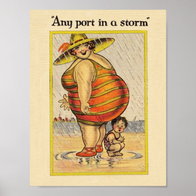 Funny Fat Lady on Beach Poster (Front)