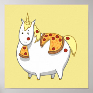 Funny Fat Unicorn Eating Pepperoni Pizza Poster