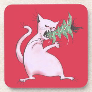 Funny Fat White Cat Eats Christmas Tree Coaster
