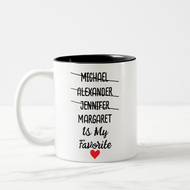 Funny Favourite Child With Personalised 4 Names Two-Tone Coffee Mug (Left)