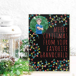 Funny Favourite Grandchild Photo Christmas Lights Holiday Card<br><div class="desc">Fun holiday photo card lettered with "merry christmas from your favourite grandchild" (editable) and decorated with colourful christmas string lights and modern skinny font typography. The photo template is set up for you to add your picture, which is displayed in round format on the front cover. (If you have any...</div>