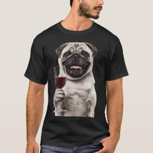 Funny Fawn Pug Dog Drinking Red Wine - Realistic S T-Shirt