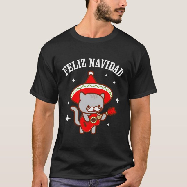 Funny Feliz Navidad Meowiachi Cat For Christmas T-Shirt (Front)