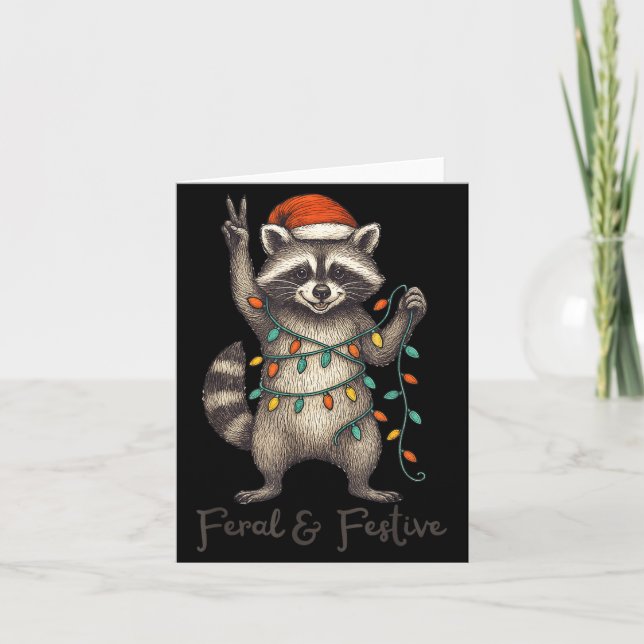 Funny Feral And Festive Racoon Santa Hat Retro Ch Card (Front)