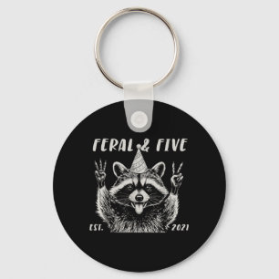 Funny Feral and Five Raccoon 5th Birthday Girls Key Ring