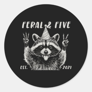 Funny Feral and Five Racoon 5th Birthday Girls Classic Round Sticker