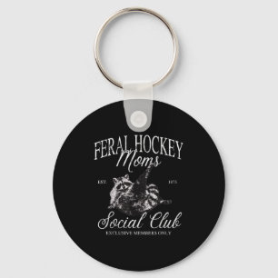 Funny feral hockey moms social club raccoon meme key ring