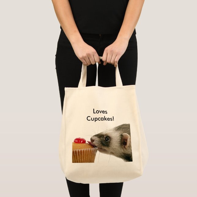 Funny Ferret Loves Cupcakes Photo Tote Bag (Front (Product))