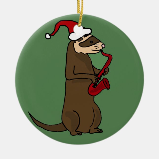 Funny Ferret Playing Saxophone Christmas Art Ceramic Tree Decoration (Front)