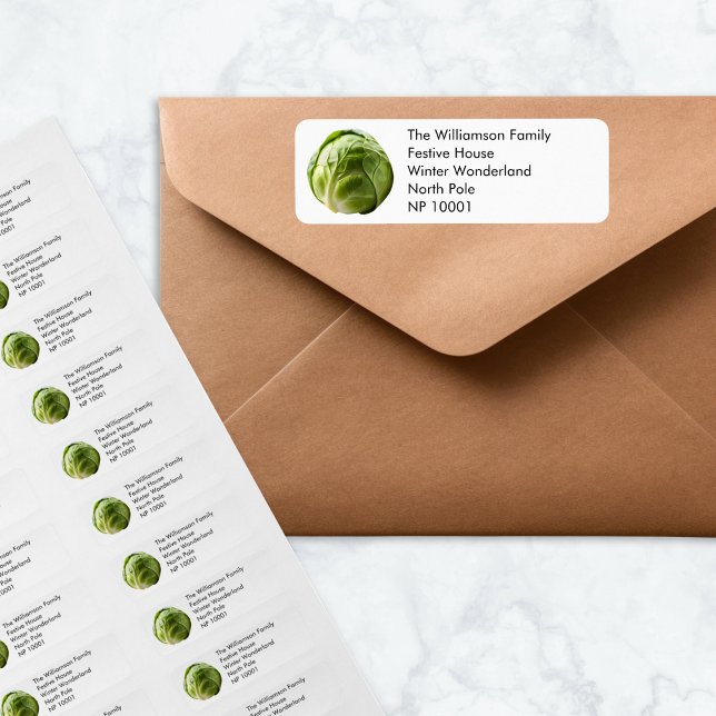 Funny Festive Brussels Sprout Christmas Holiday Return Address Label (Funny, festive labels, with a brussels sprout picture and custom name and address)