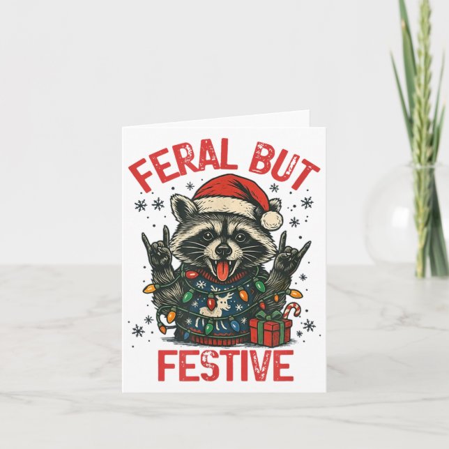 Funny Festive But Feral Santa Raccoon Lover Animal Card (Front)