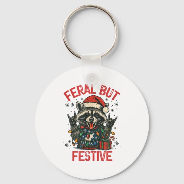 Funny Festive But Feral Santa Raccoon Lover Animal Key Ring (Front)