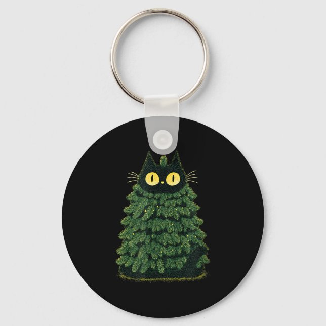 Funny Festive Cat In Christmas Tree Look  Key Ring (Front)