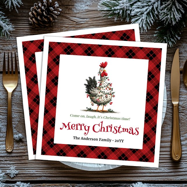 Funny festive chickens custom name Christmas  Napkin (Funny festive chickens custom name Christmas napkins)