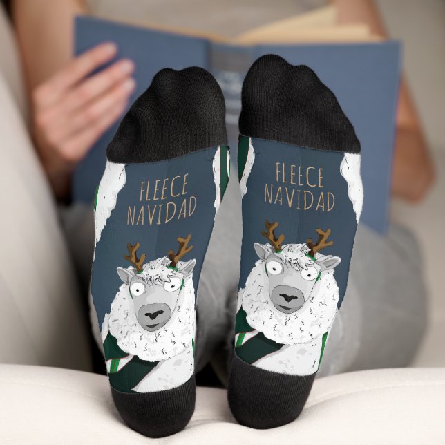 Funny Festive “Fleece Navidad” Blue Grey Sheep  Socks (Bottom)